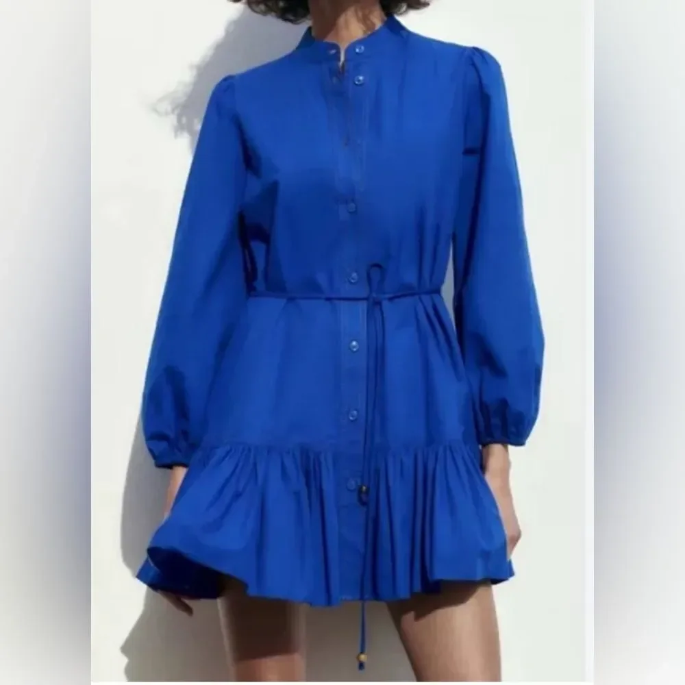 Zara Cobalt Blue Dress Ballon Sleeves Tiered Ruffle Mini Size XL - Picture 2 of 11